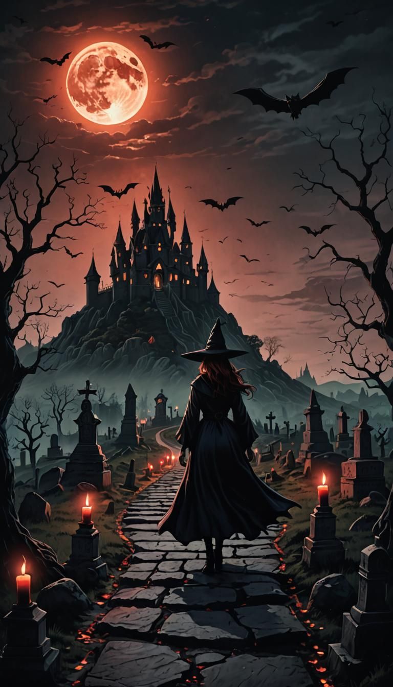 Halloween, a scary castle on a hill, there is a road made of blocks up the hill towards the castle, along the road from ...
