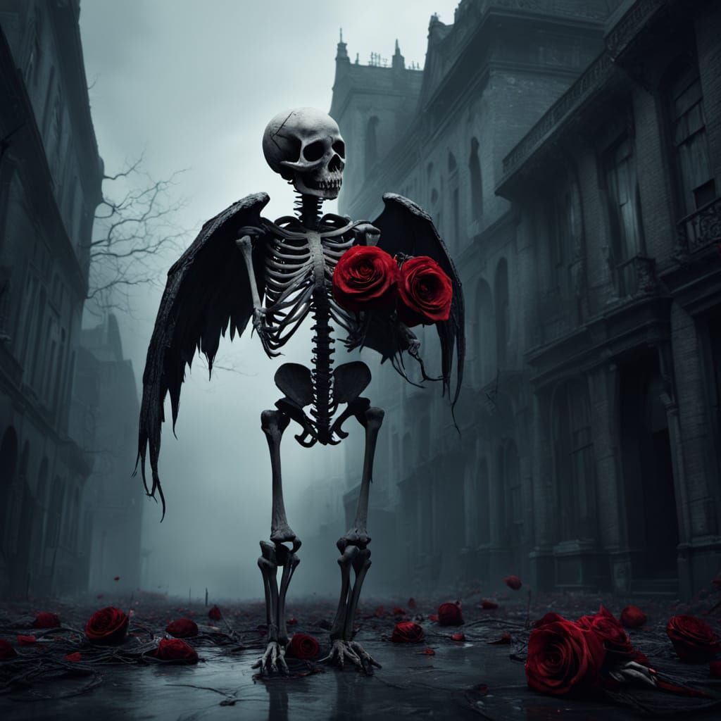Skeletal Cupid Floats Through Desolate Cityscape
