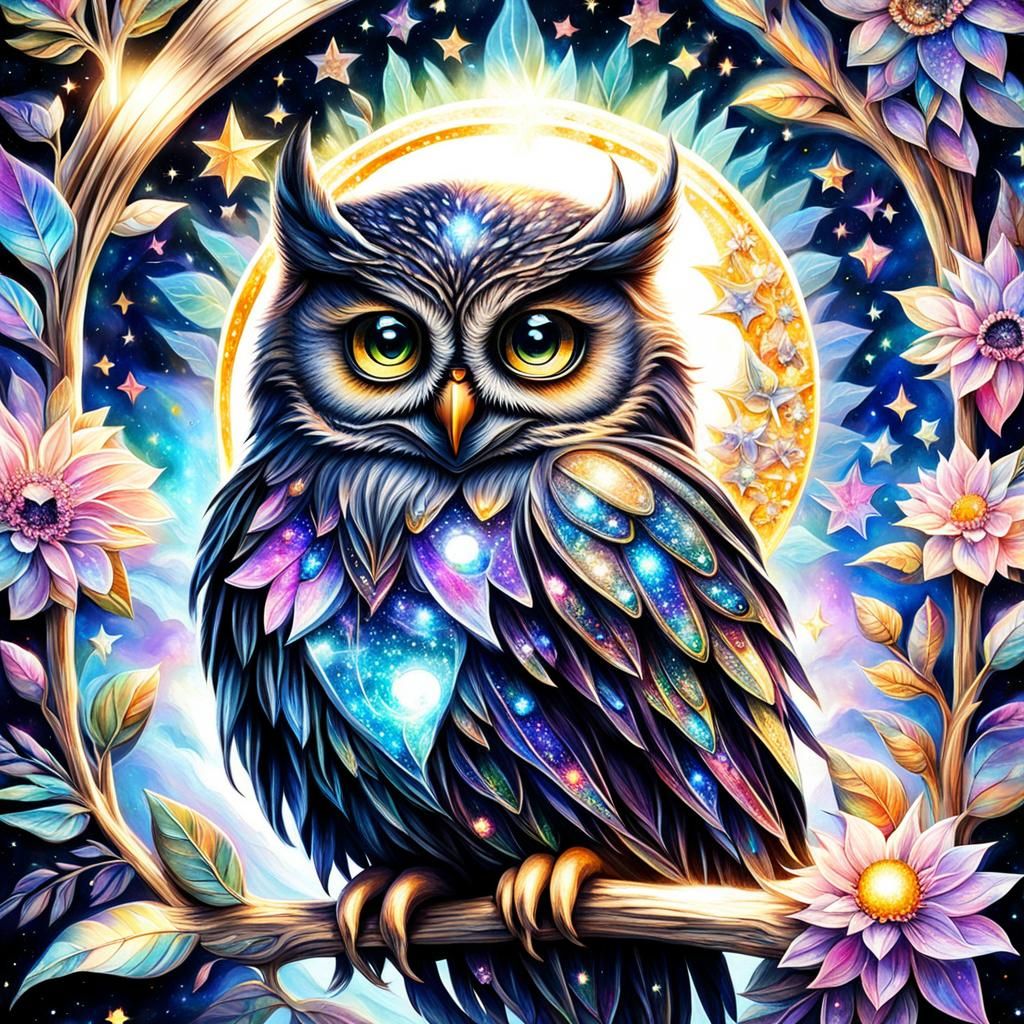 Mystic Baby Owl in Starry Night Sky