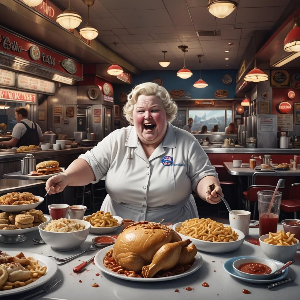 Humorous Painting of Woman at Diner in Fantasy Style