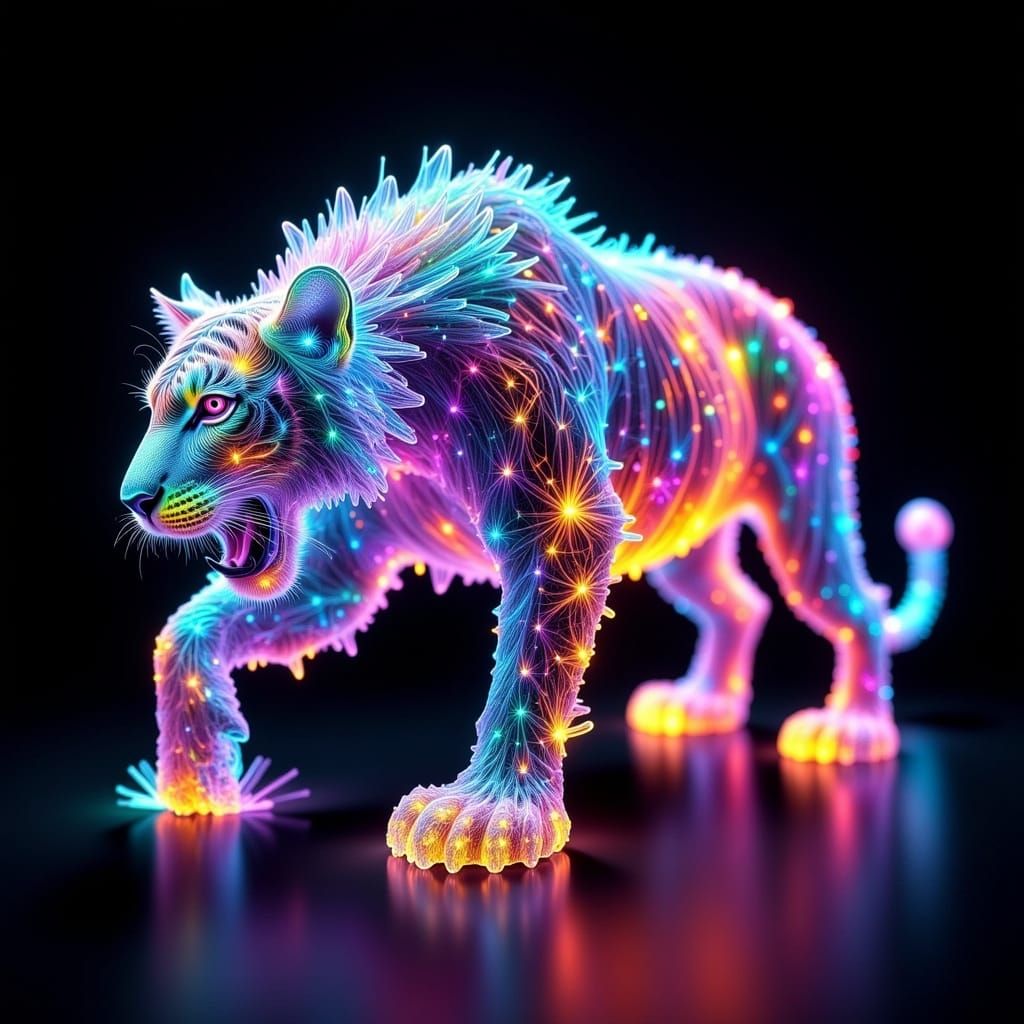 Glass Fractal Tiger With Bioluminescent Rainbow Fur