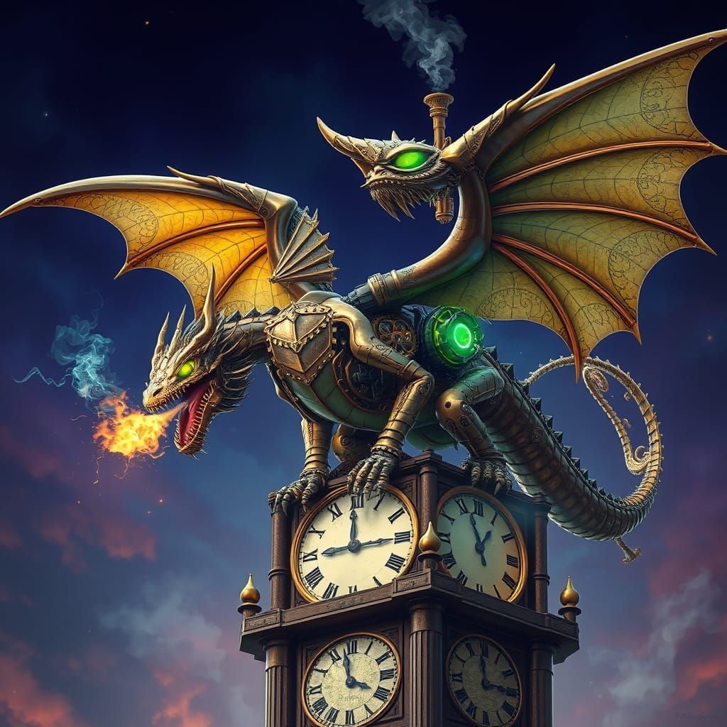 Steampunk Automaton Dragon on Clock Tower