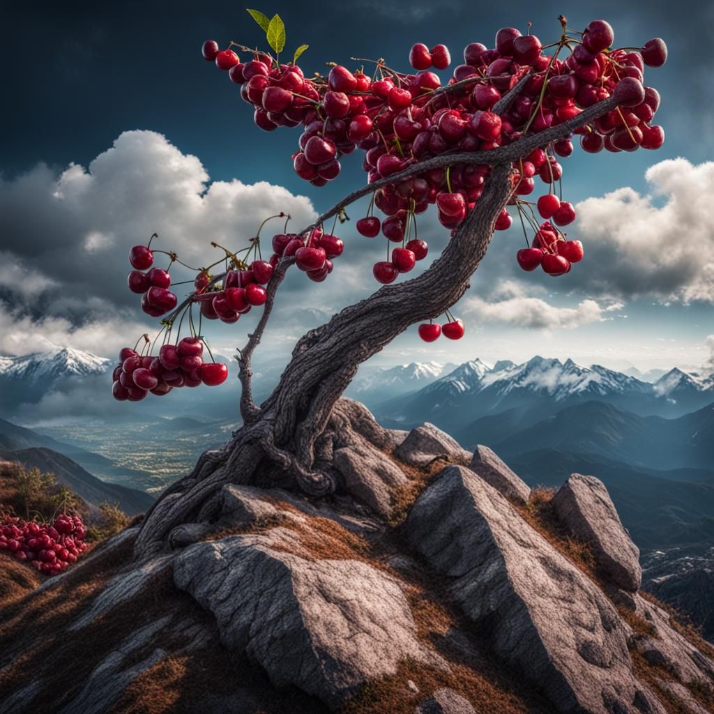 Giant Cherry Atop Mountain: Hyperrealistic 64 Megapixel Imag...