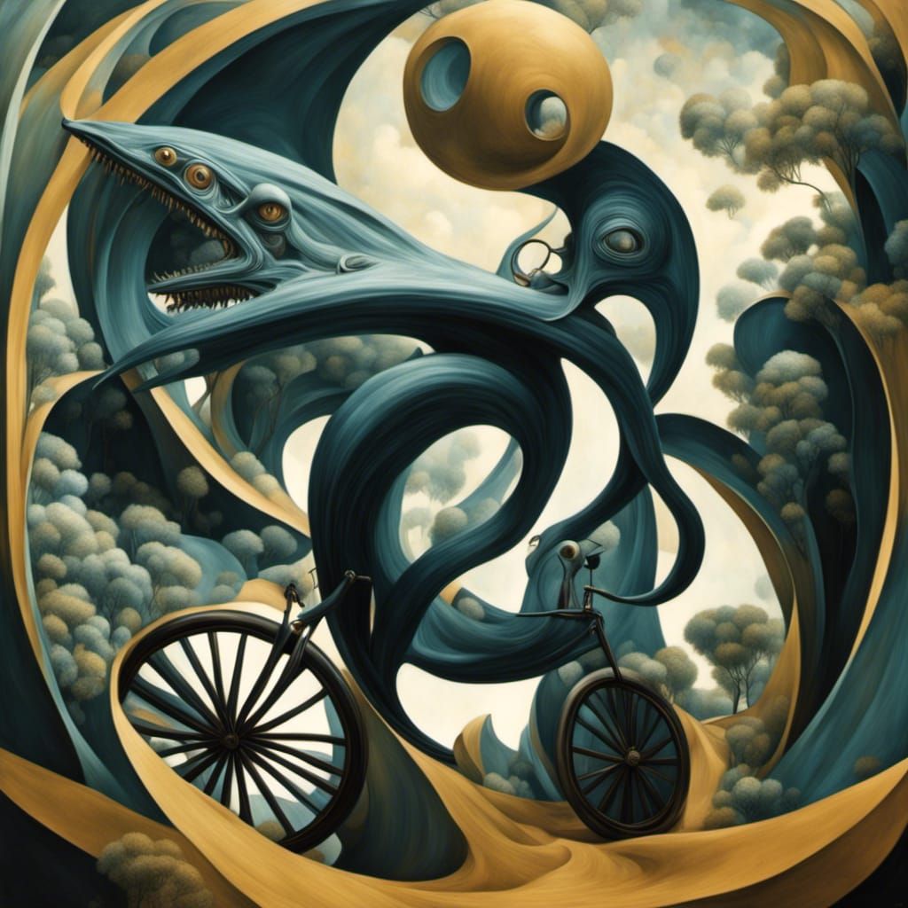 Alien Rides Bicycle in Surreal Geometric Art