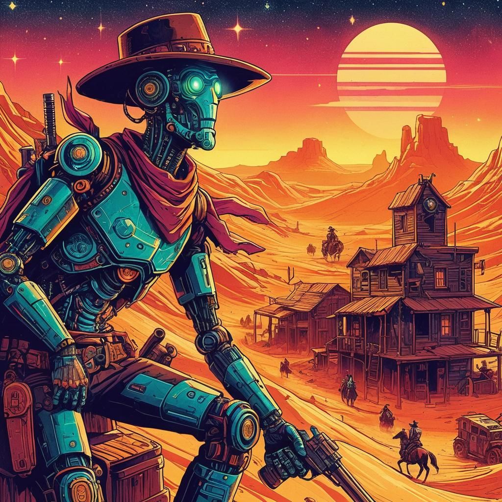 Futuristic Cowboy in Desert Steampunk Settlement