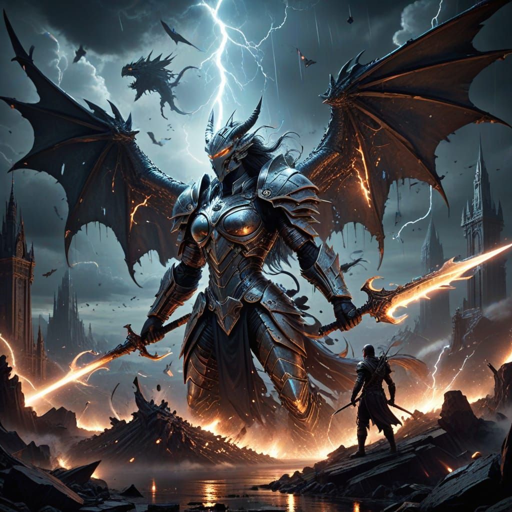 Picture a breathtaking battle between a celestial valkyrie and a gothic clockwork dragon in a surreal dimension. The val...