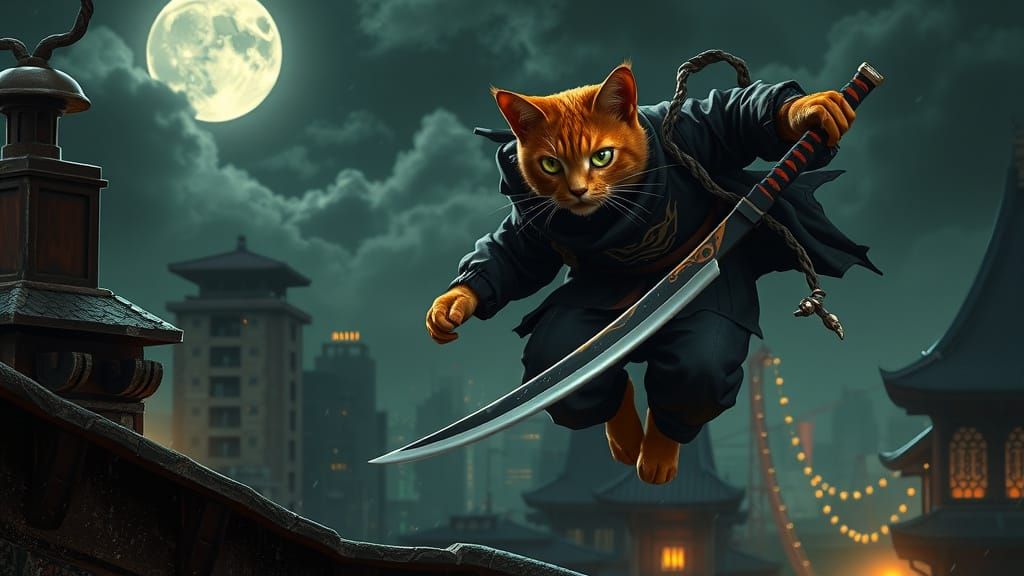 Cyberpunk Ninja Cat Leaps Through Dystopian Tokyo Night