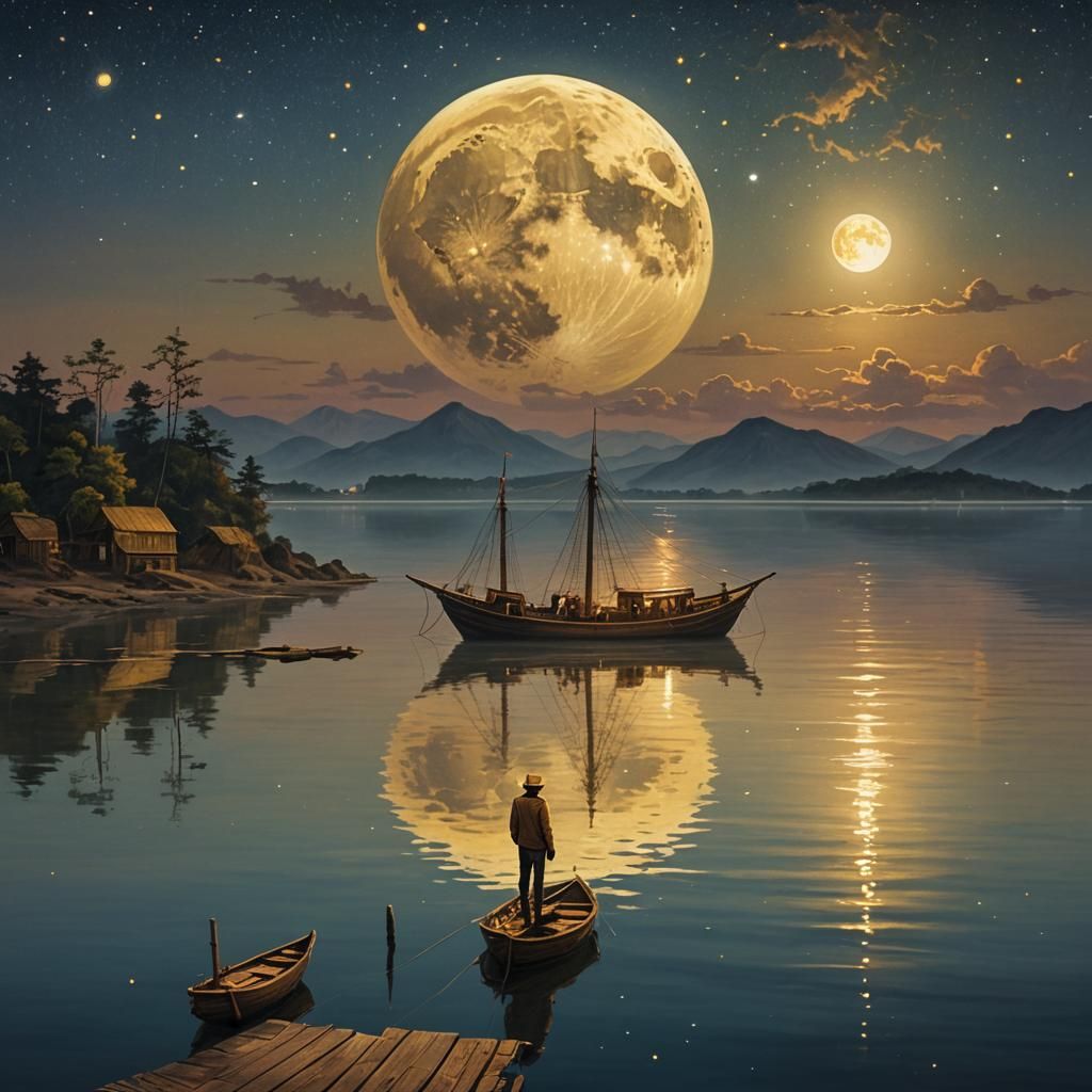 Man's Reflection in Golden Ocean at Night