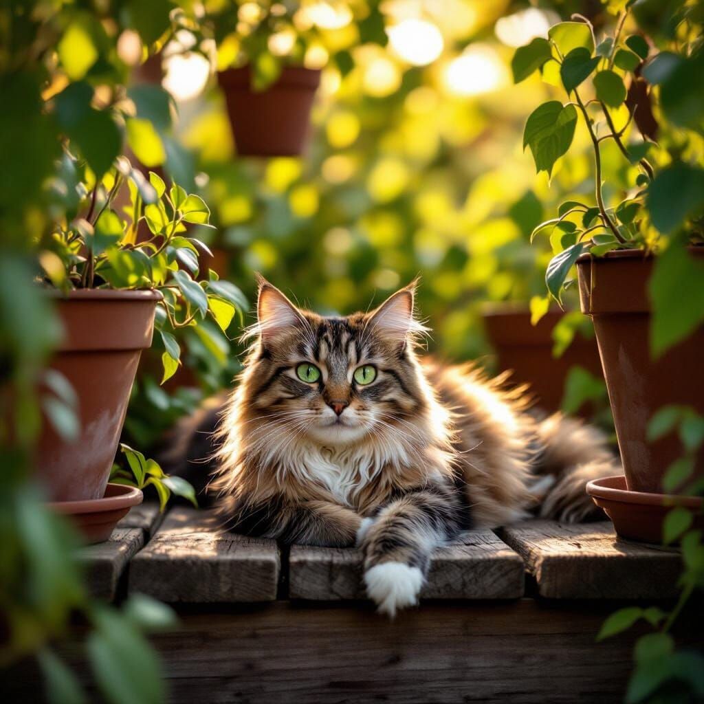 Fluffy Cat Lounging on a Rustic Deck: Photorealistic Image