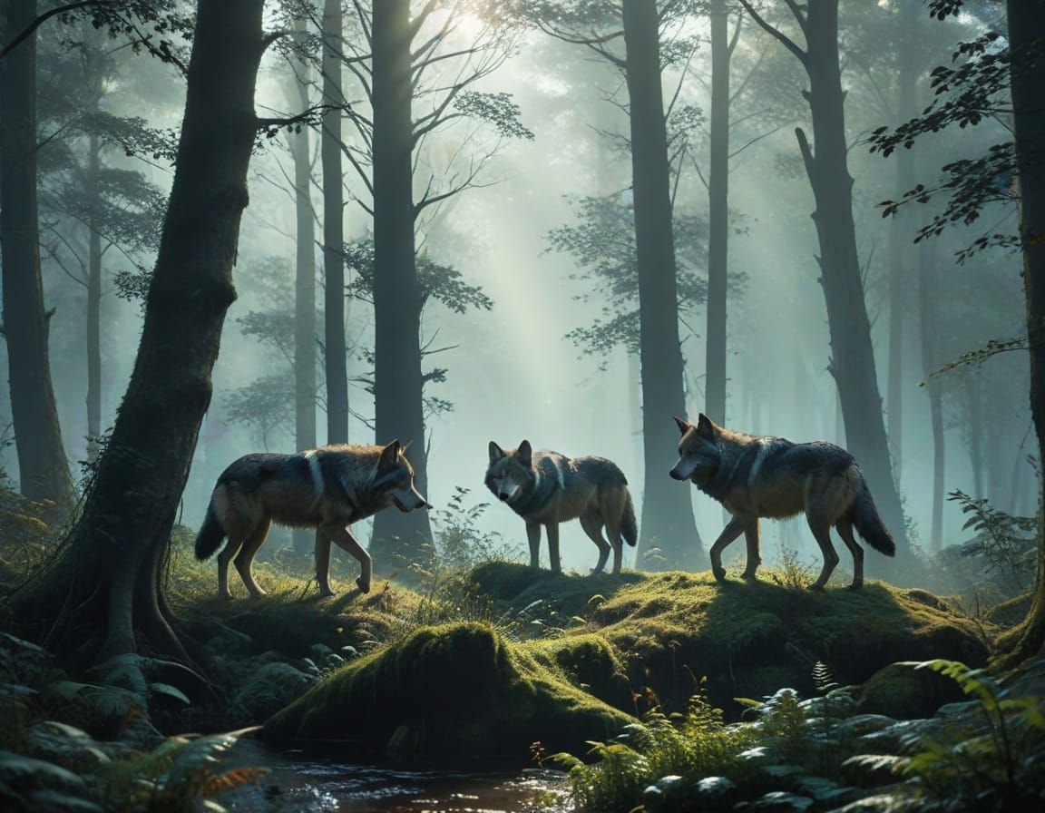 Vibrant Wolves Pack Prowess in a Misty Forest, Digital Art