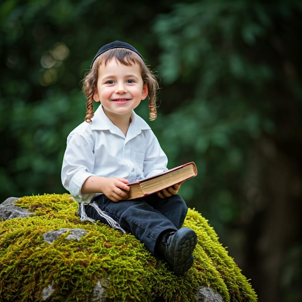 Orthodox Boy Reading Book in Lush Landscape