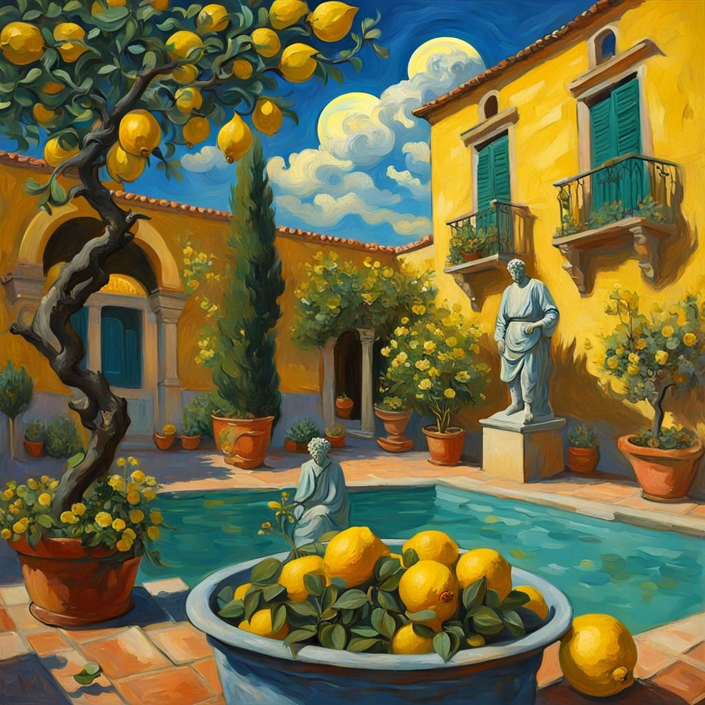 Italian Courtyard in Spring as Van Gogh Painting