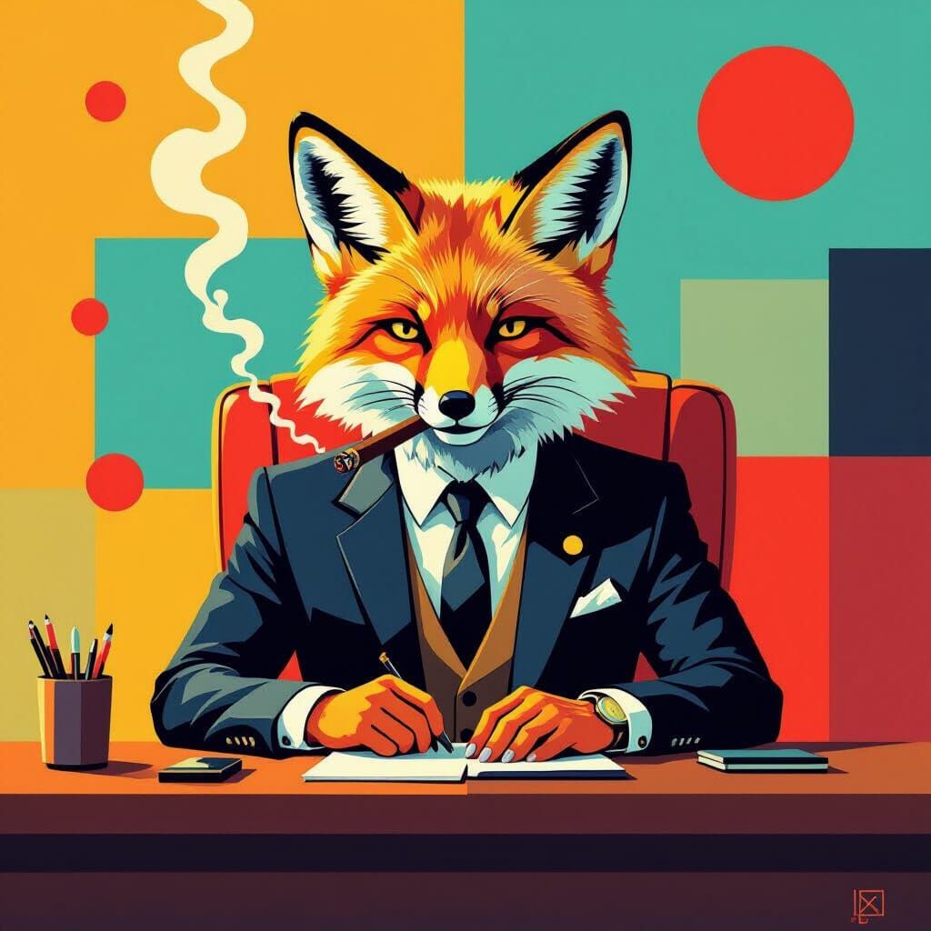 Fox Smoking Cigar in Pop Art Bauhaus Office