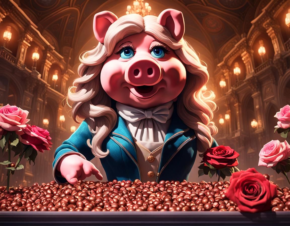 Ms. Piggy Portrait with Chocolates and Roses