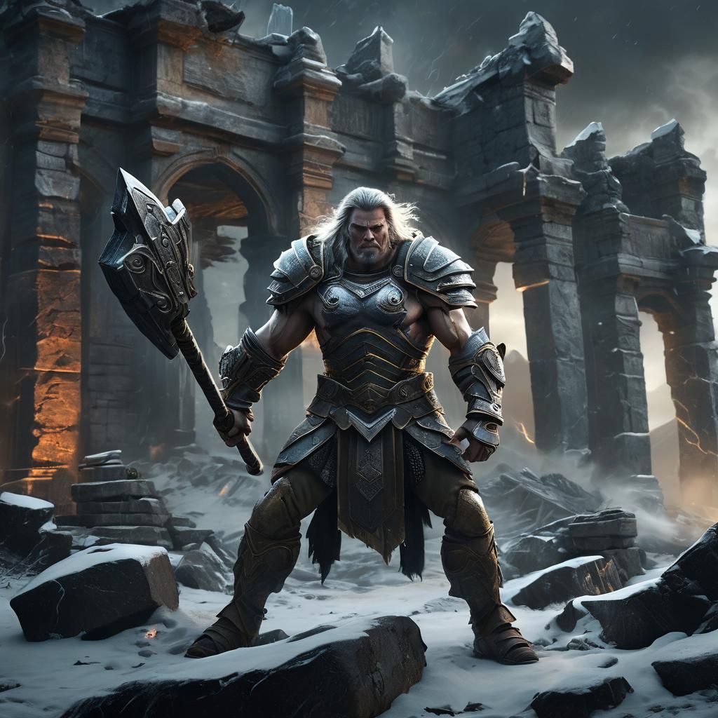 Ancient Warrior in Frost Lands with Lightning Storm