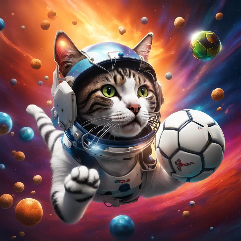 Cat Astronaut Playing Soccer in Space: Hyperrealistic Art