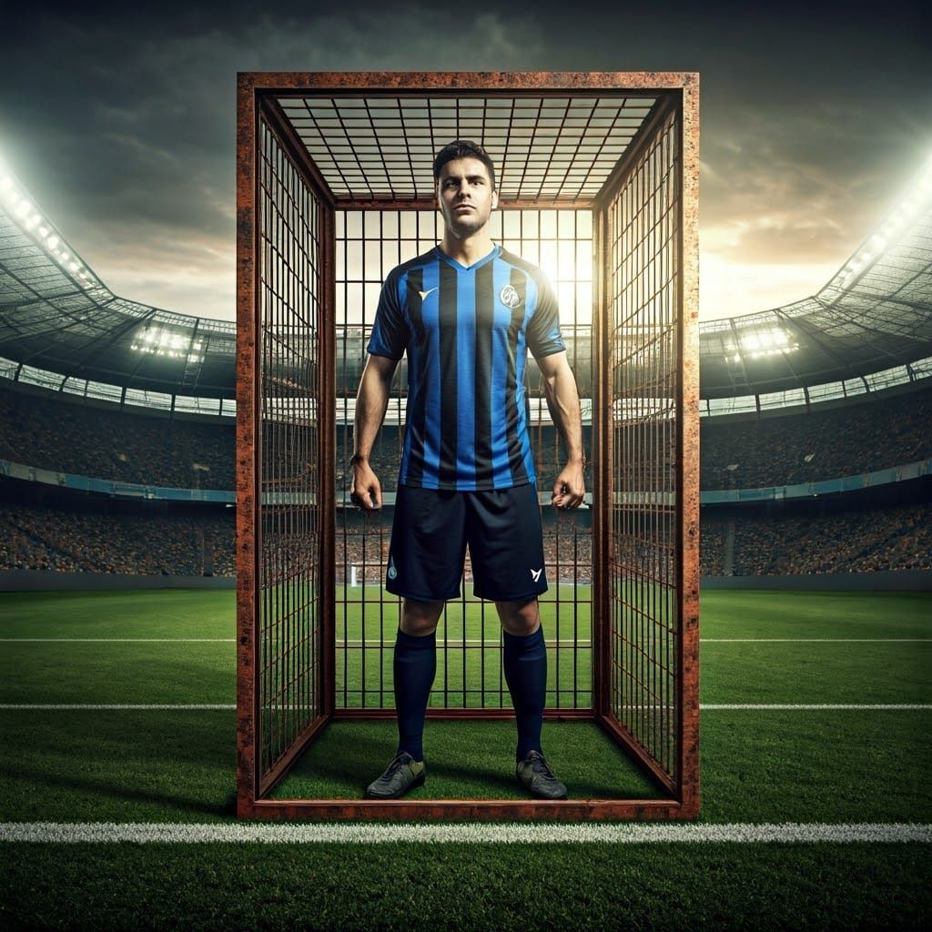 Caged Soccer Player in Gritty Digital Art Style