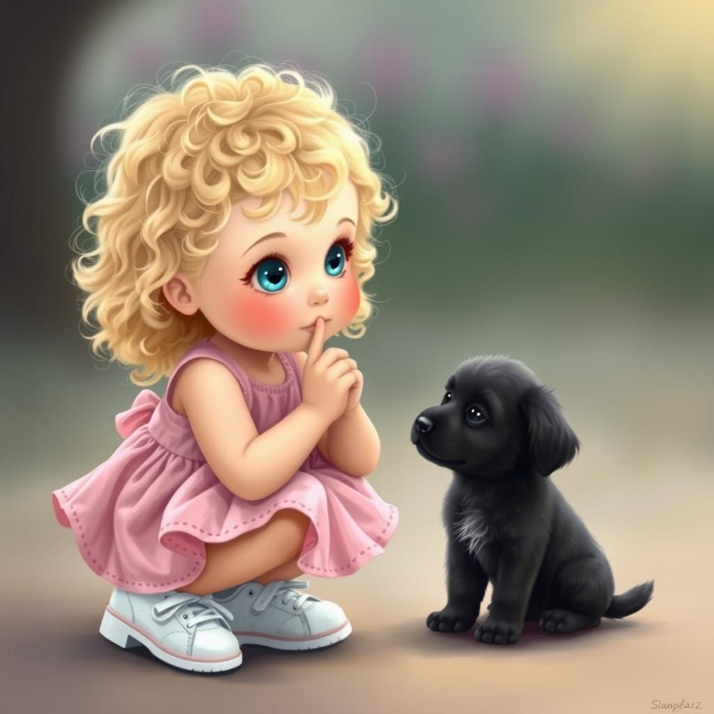 Girl and Puppy in Whimsical Style