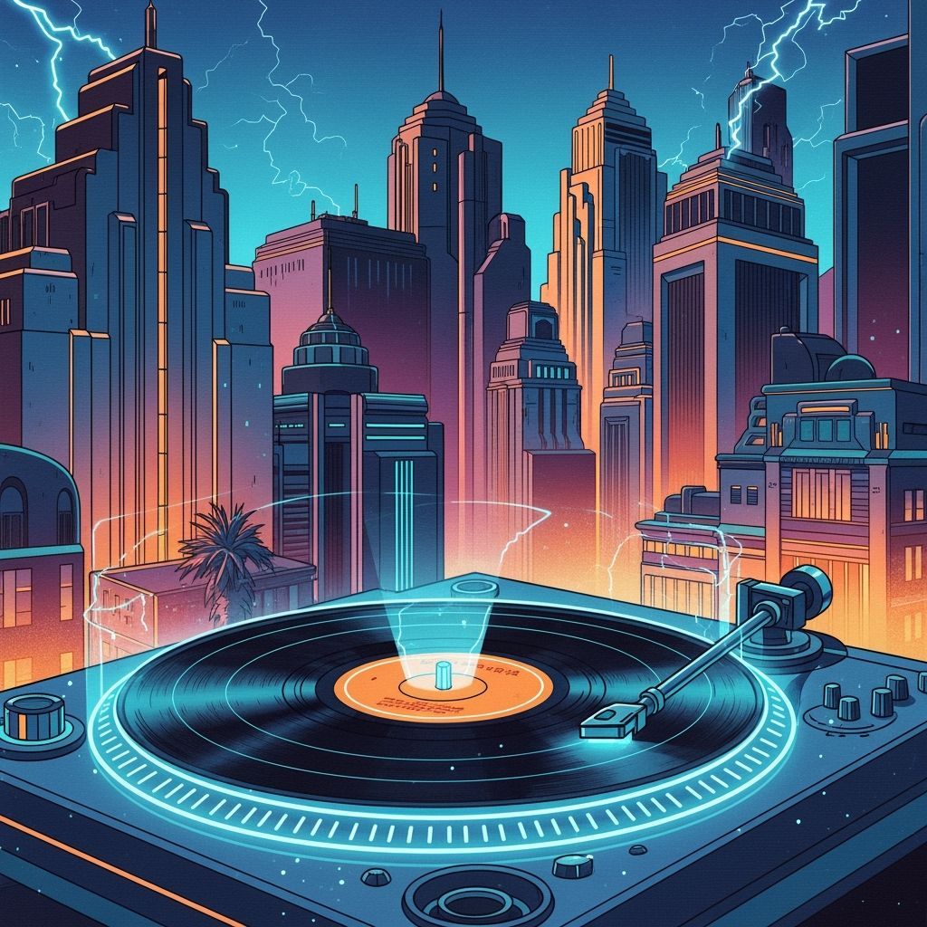 Retro Vinyl Record on Futuristic Holographic Turntable