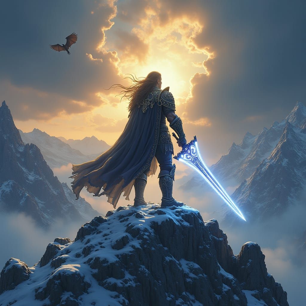 Heroic Warrior on Mountain Peak at Dawn