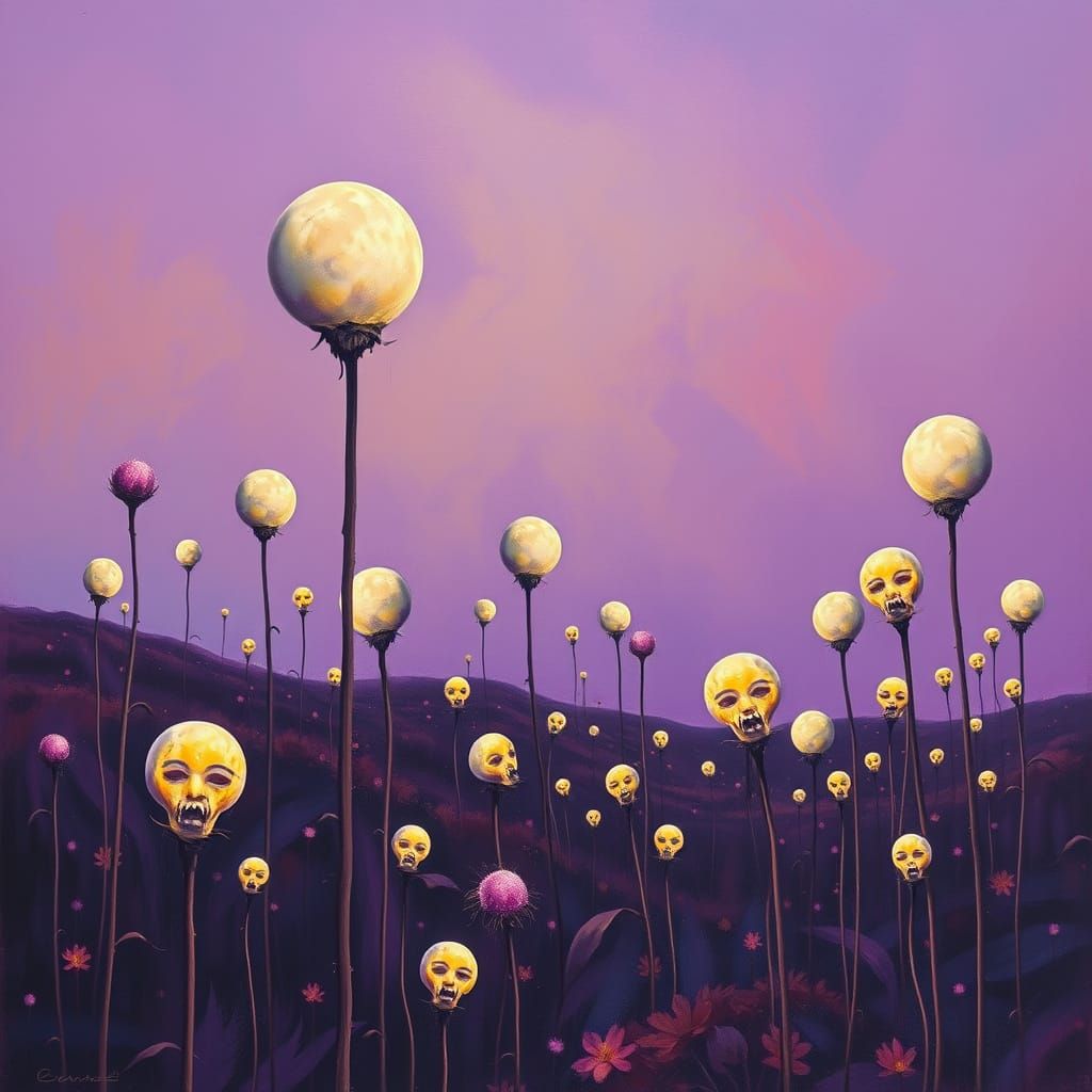 Surreal Moons Bloom in Violet Sky Garden