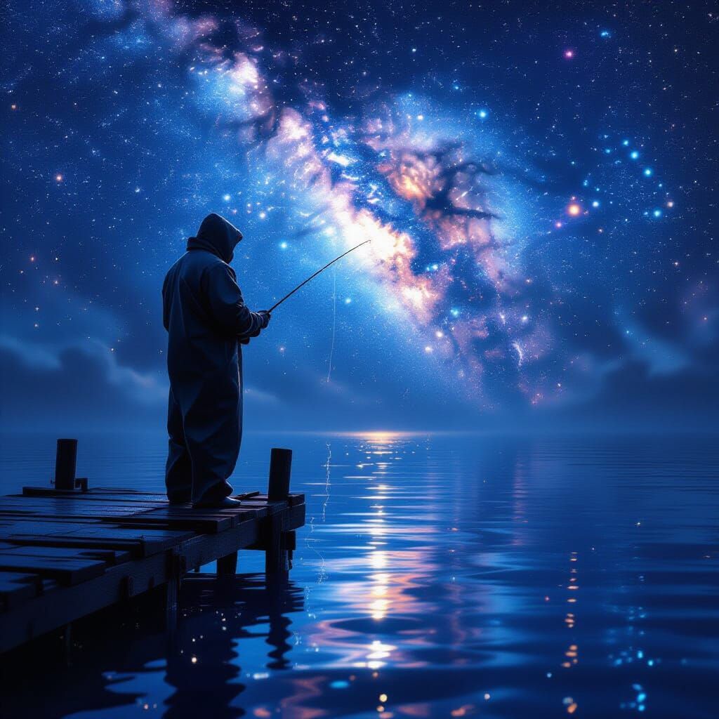 Fisherman Casting Line into Star Sea at Nebula Edge