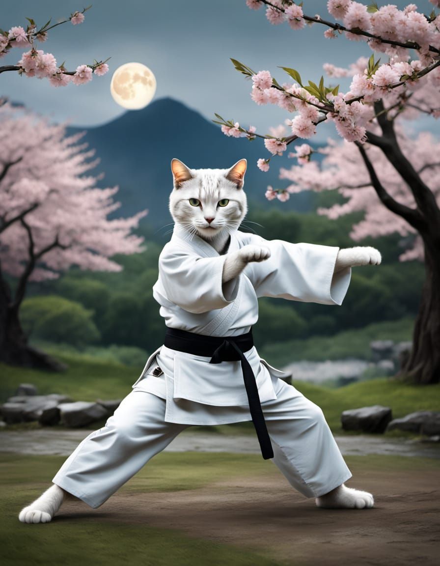 Anthropomorphic Cat Master of Karate in Dreamy Scene