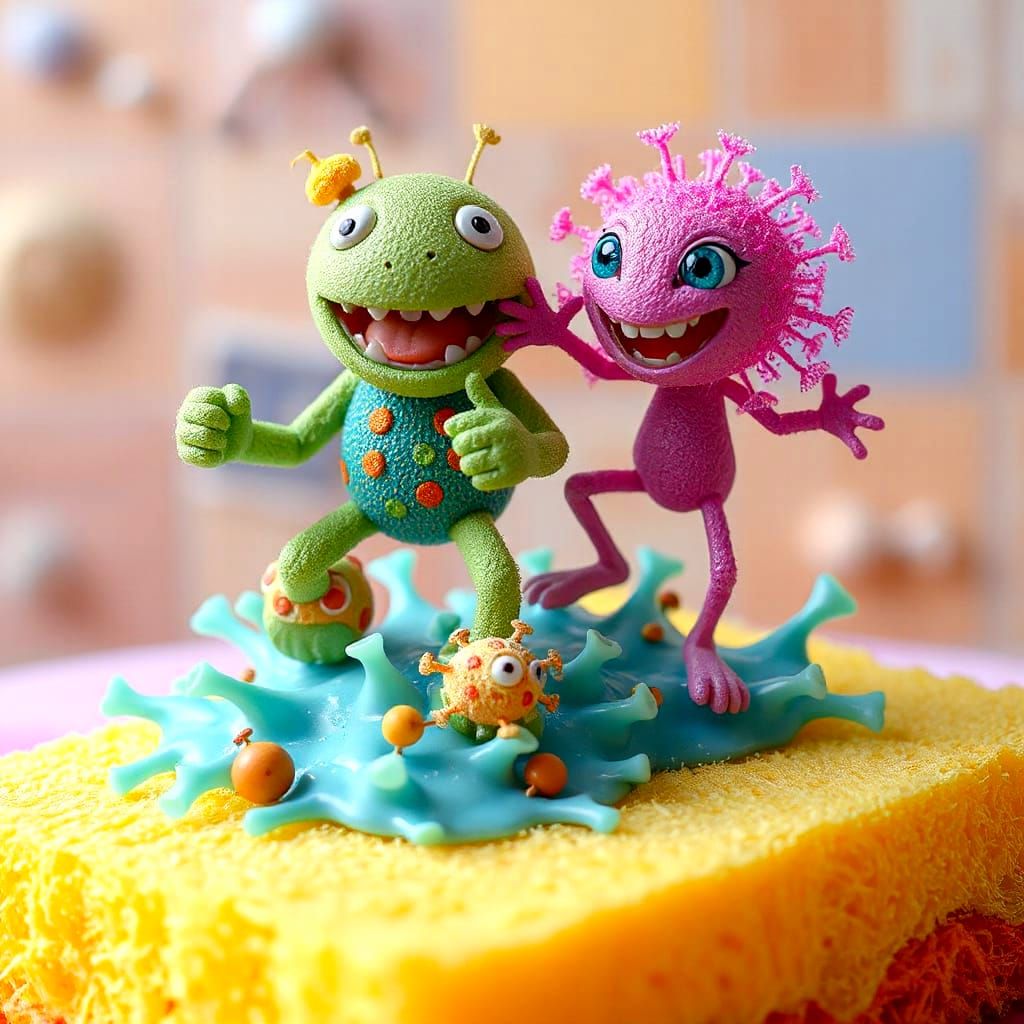 Anthropomorphic Germs Dance on Dish Sponge
