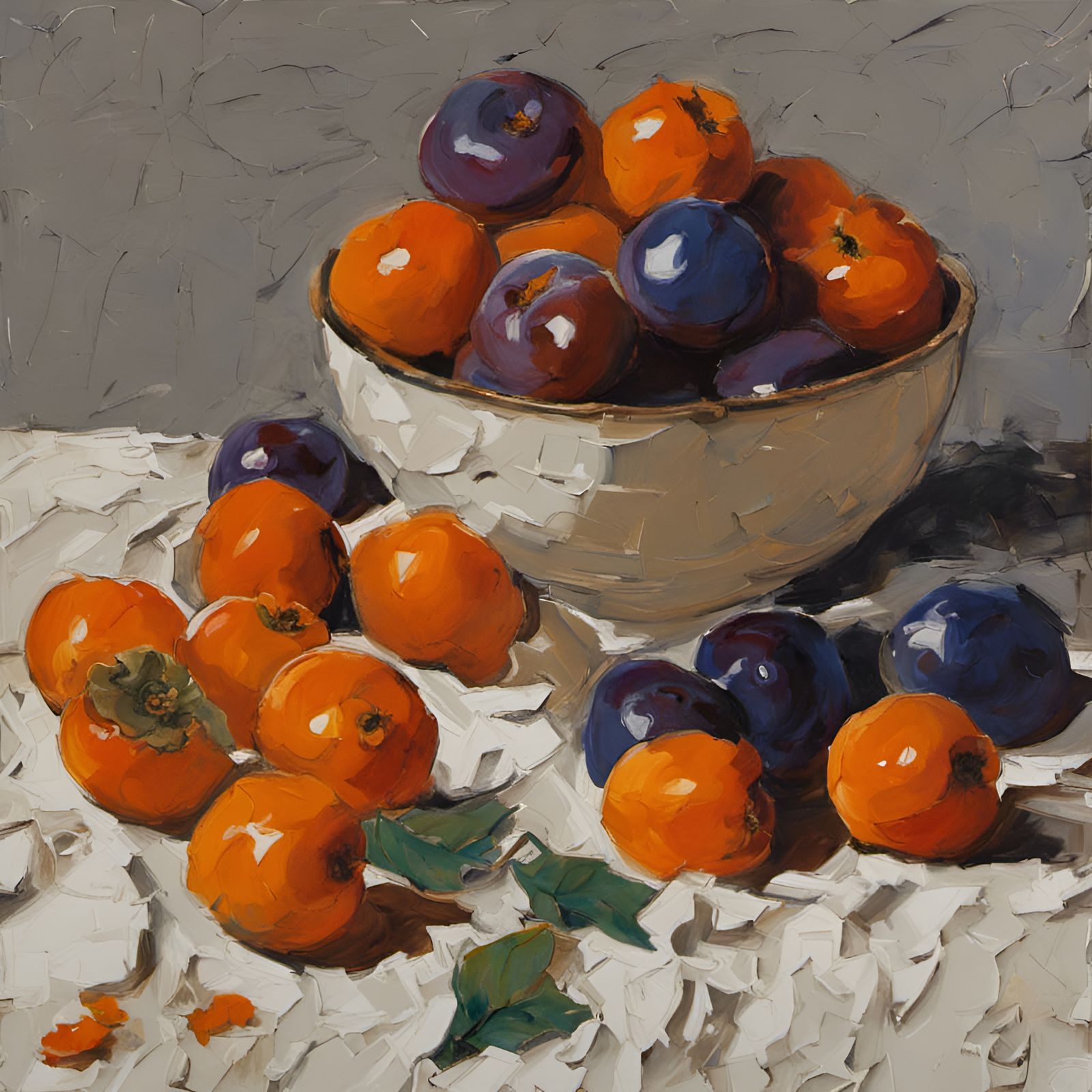 Persimmons and Plums Still Life: Impasto Abstract