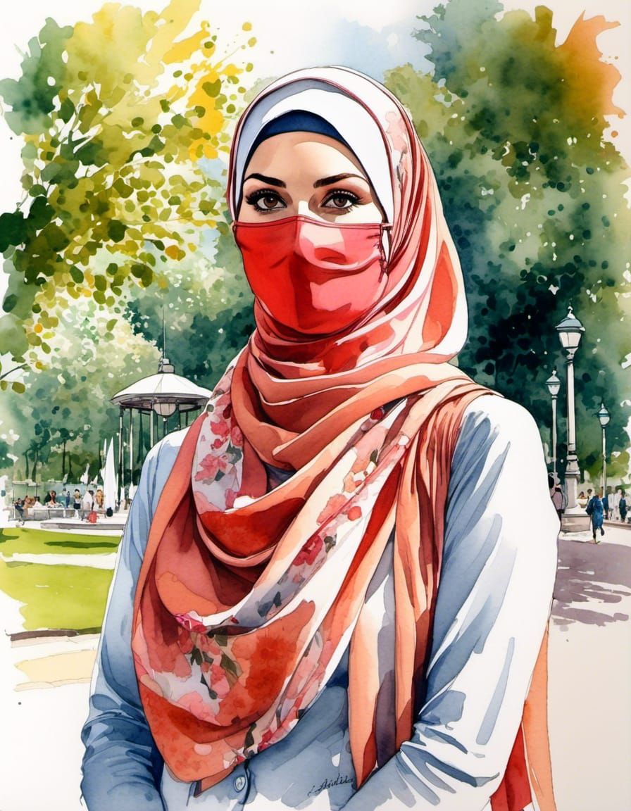 Watercolor Portrait of a Woman with Hijab