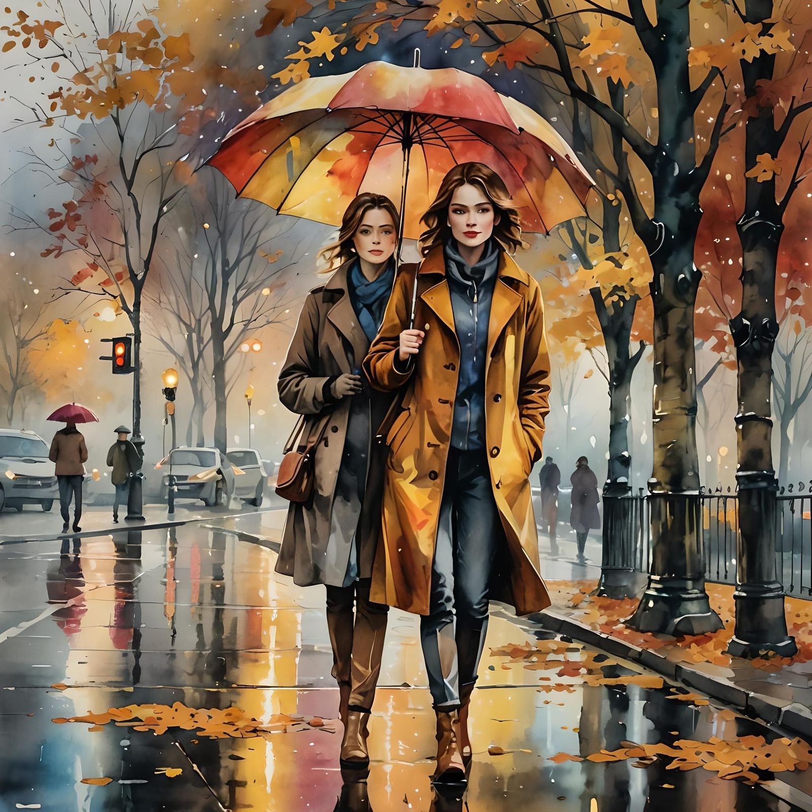 Vivid Autumn City Night Scene in Watercolor and Ink