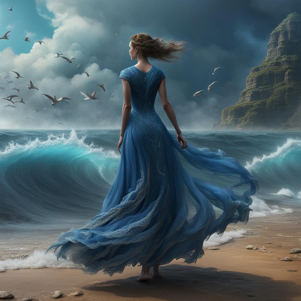 Woman Merging with Sea in Metaphysical Art