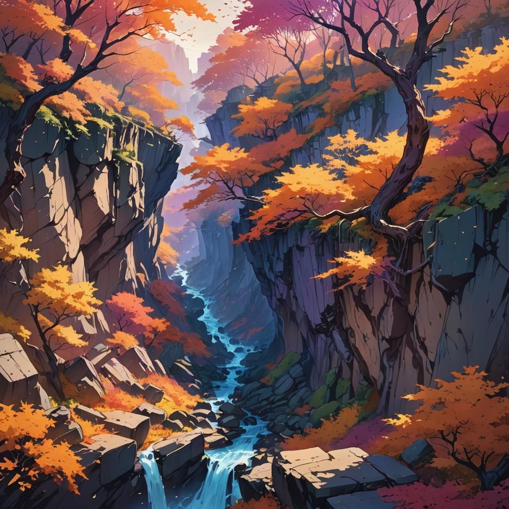 Anime Autumn Landscape with Deep Chasm