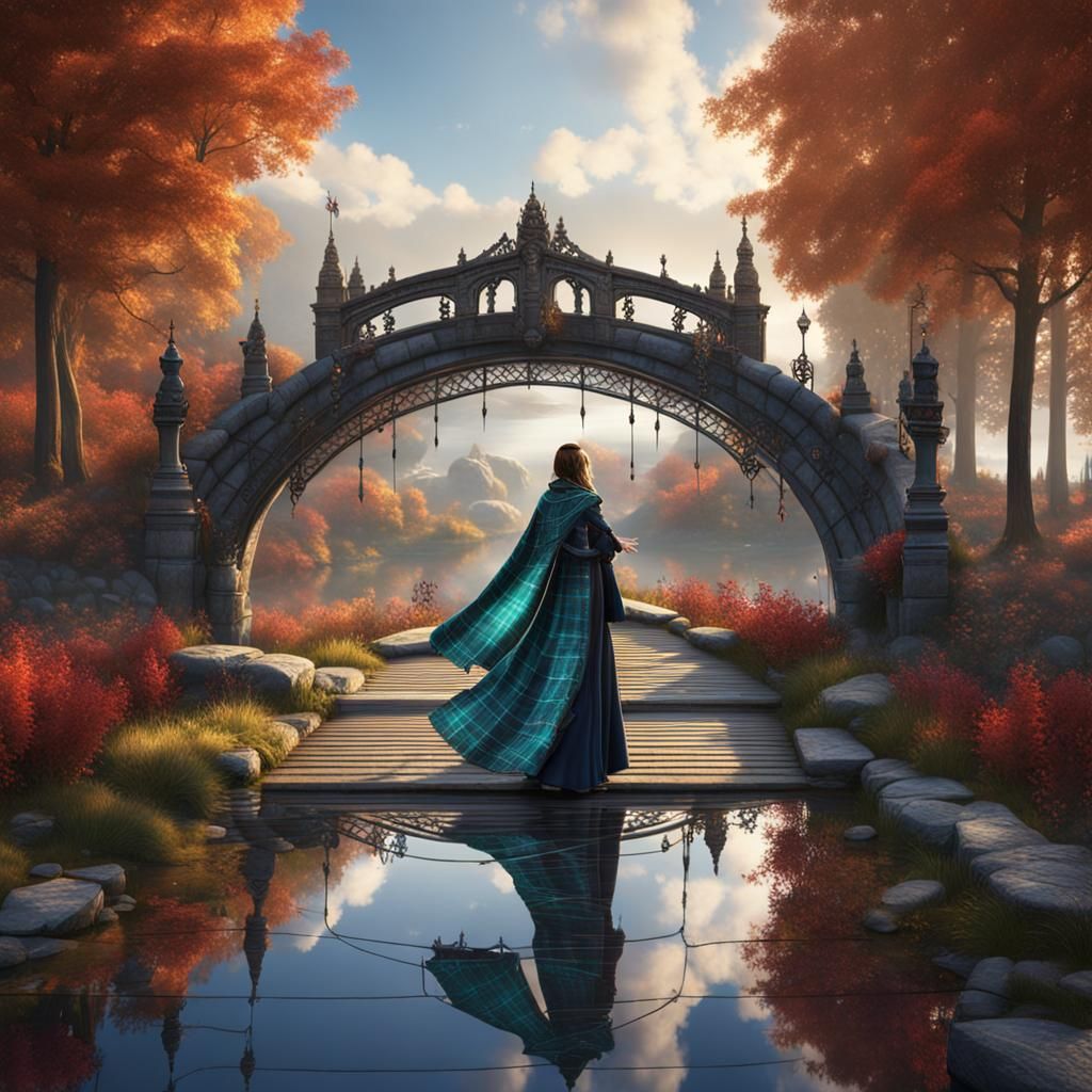 Plaid Blanket Dance on Mirror Bridge: Detailed Digital Art