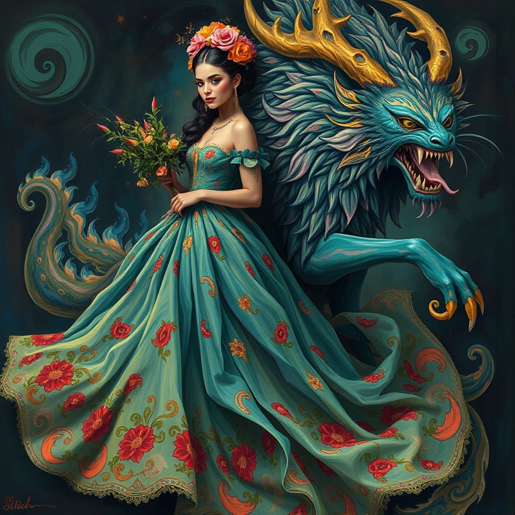 Latina Princess and Mystical Beast in Surrealist Style