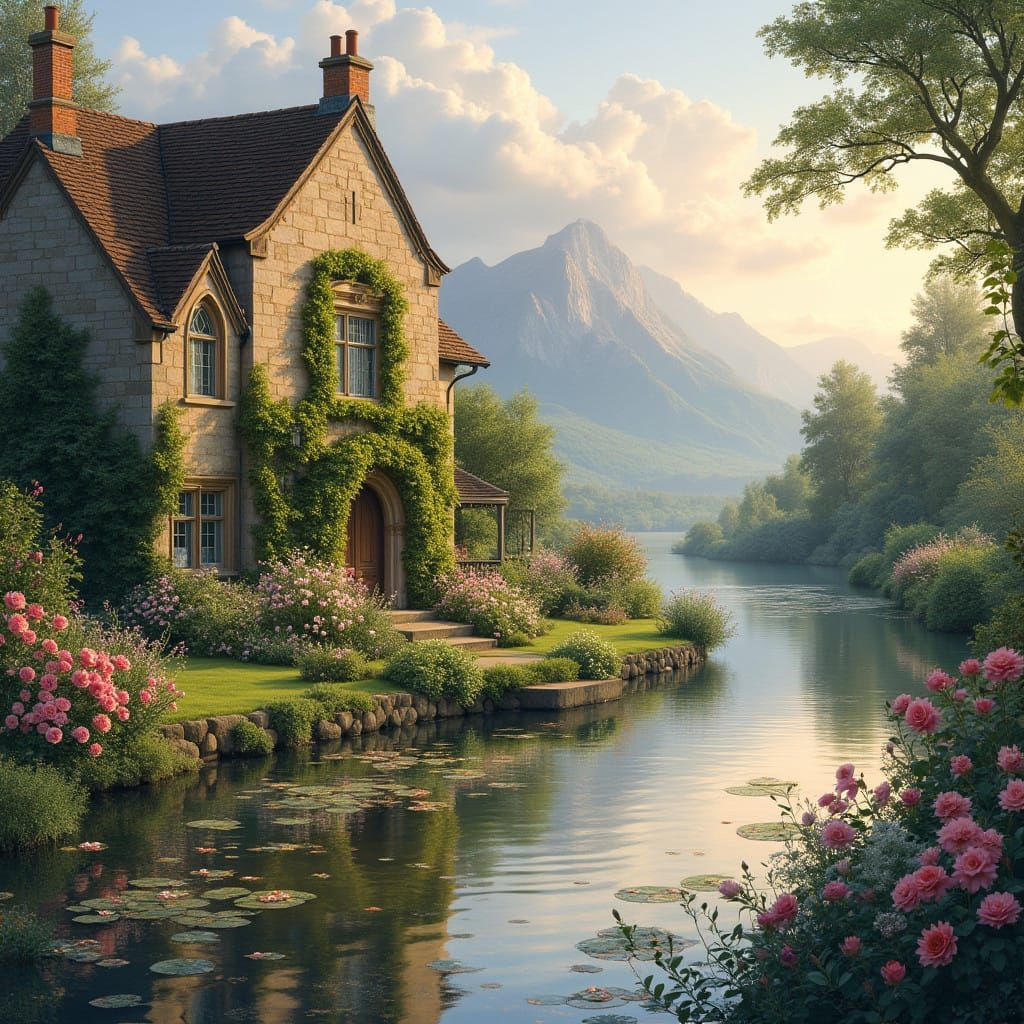 English Country Estate with Rose Garden and River Reflection...