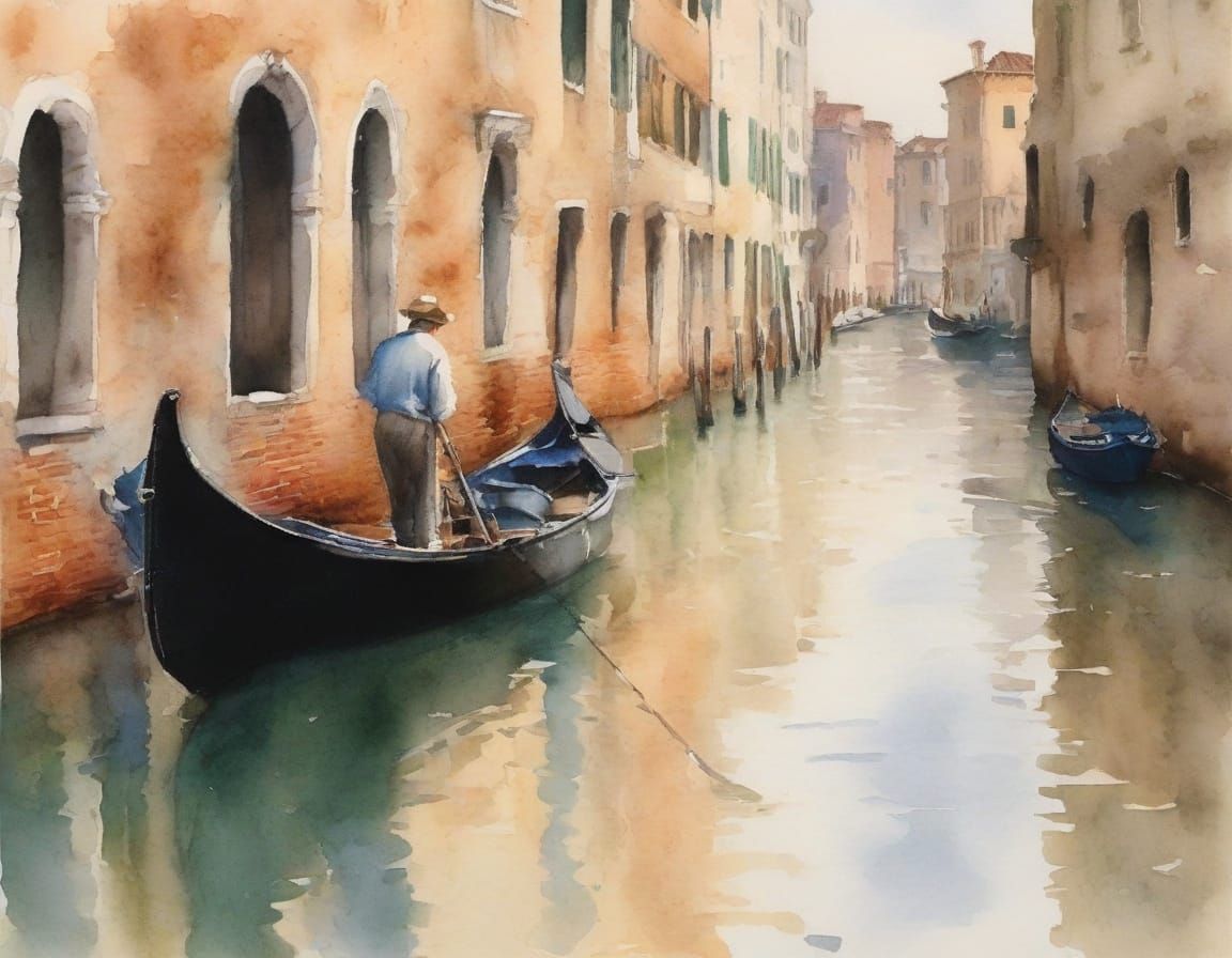 Gondolier in Serene Venice Watercolor