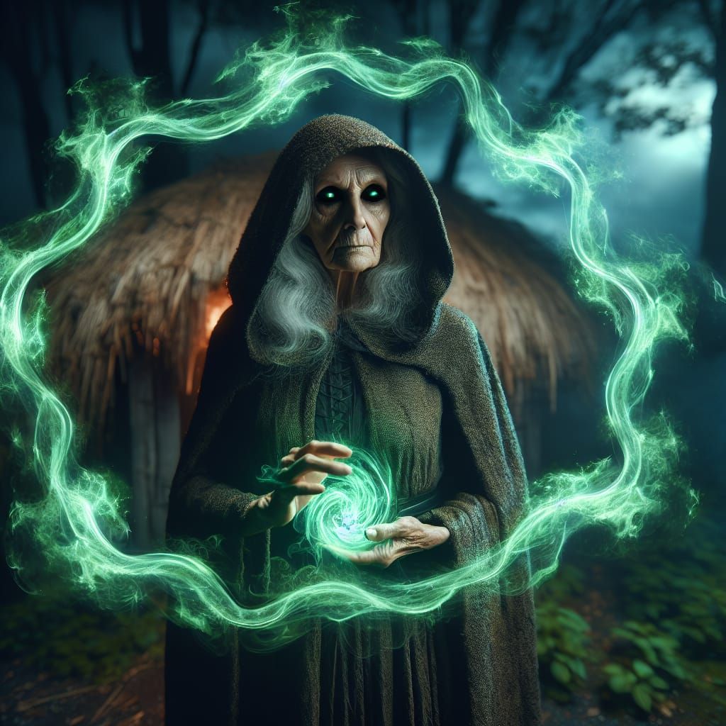Dramatic Witch with Green Fire in Dark Forest