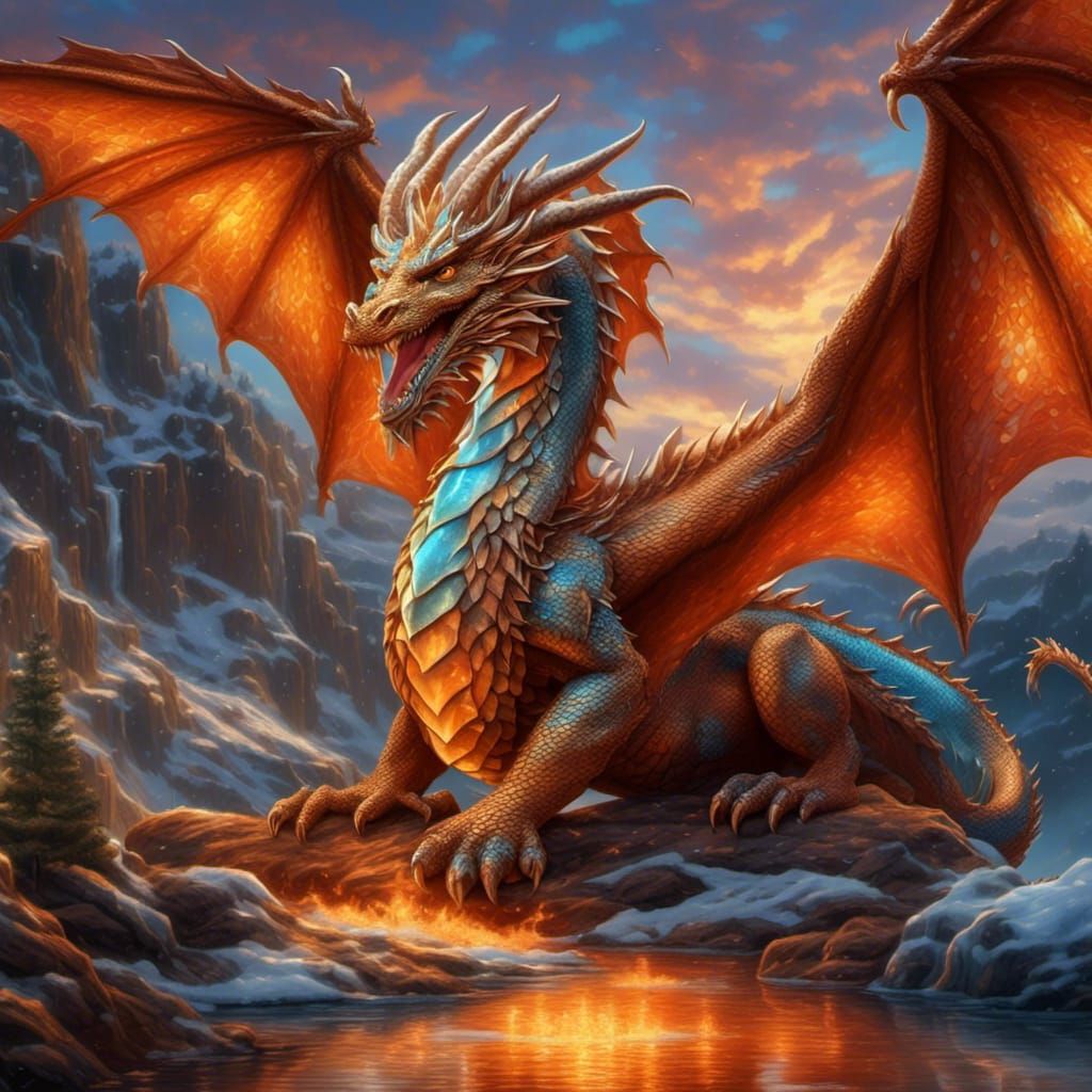 Vibrant Copper Dragon in Warm Sunset Light