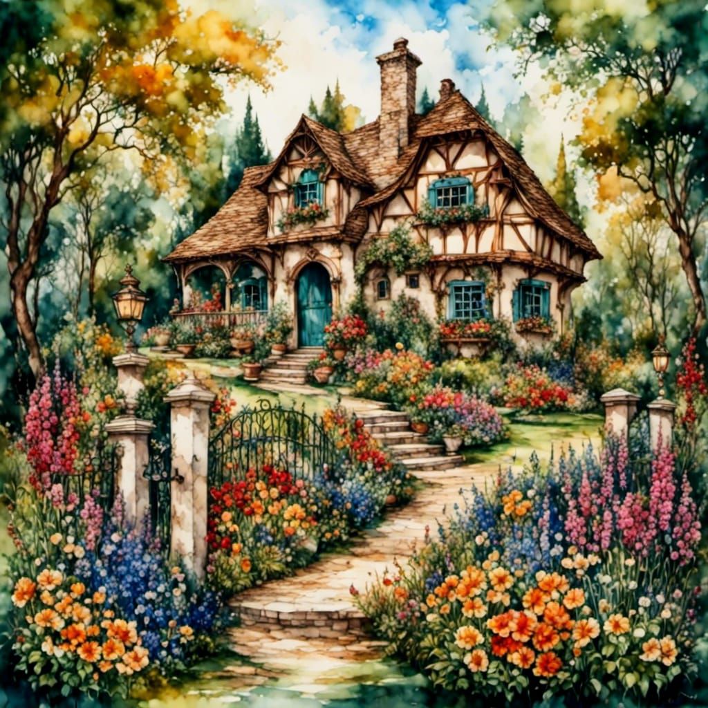 Vibrant Watercolor Cottage Garden Scene