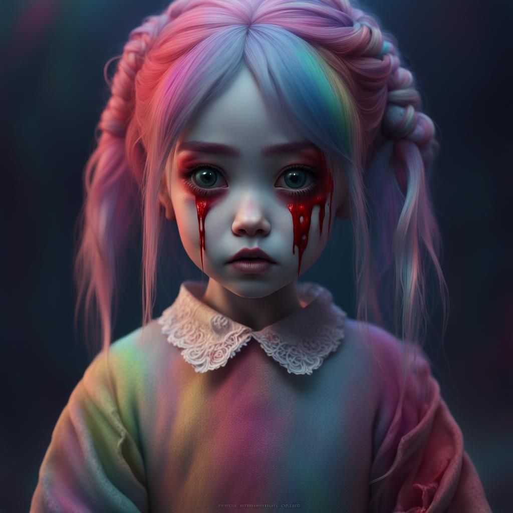 Creepy China Doll in Pastel Rainbow Horror