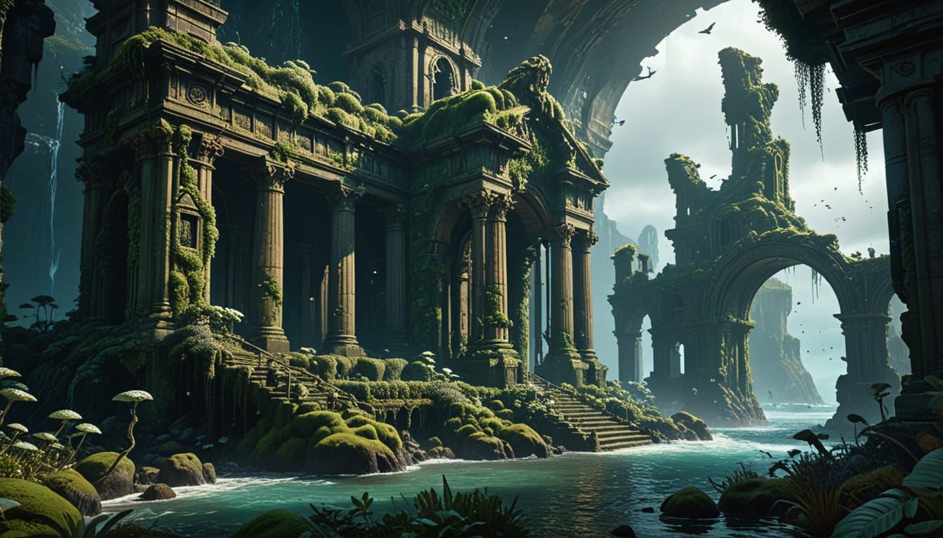 Ruined Atlantean City with Poseidon Statues and Seaweed