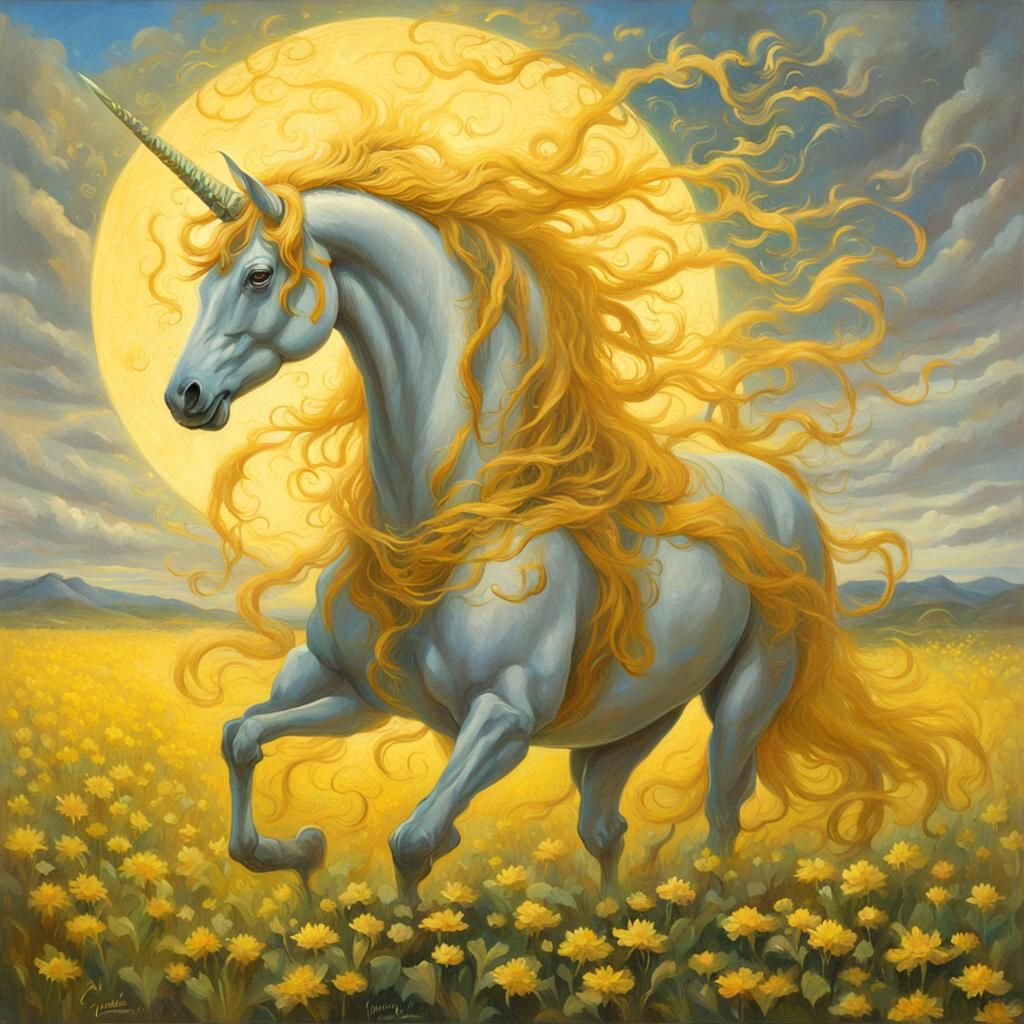 Art Nouveau Yellow Unicorn and Wizard