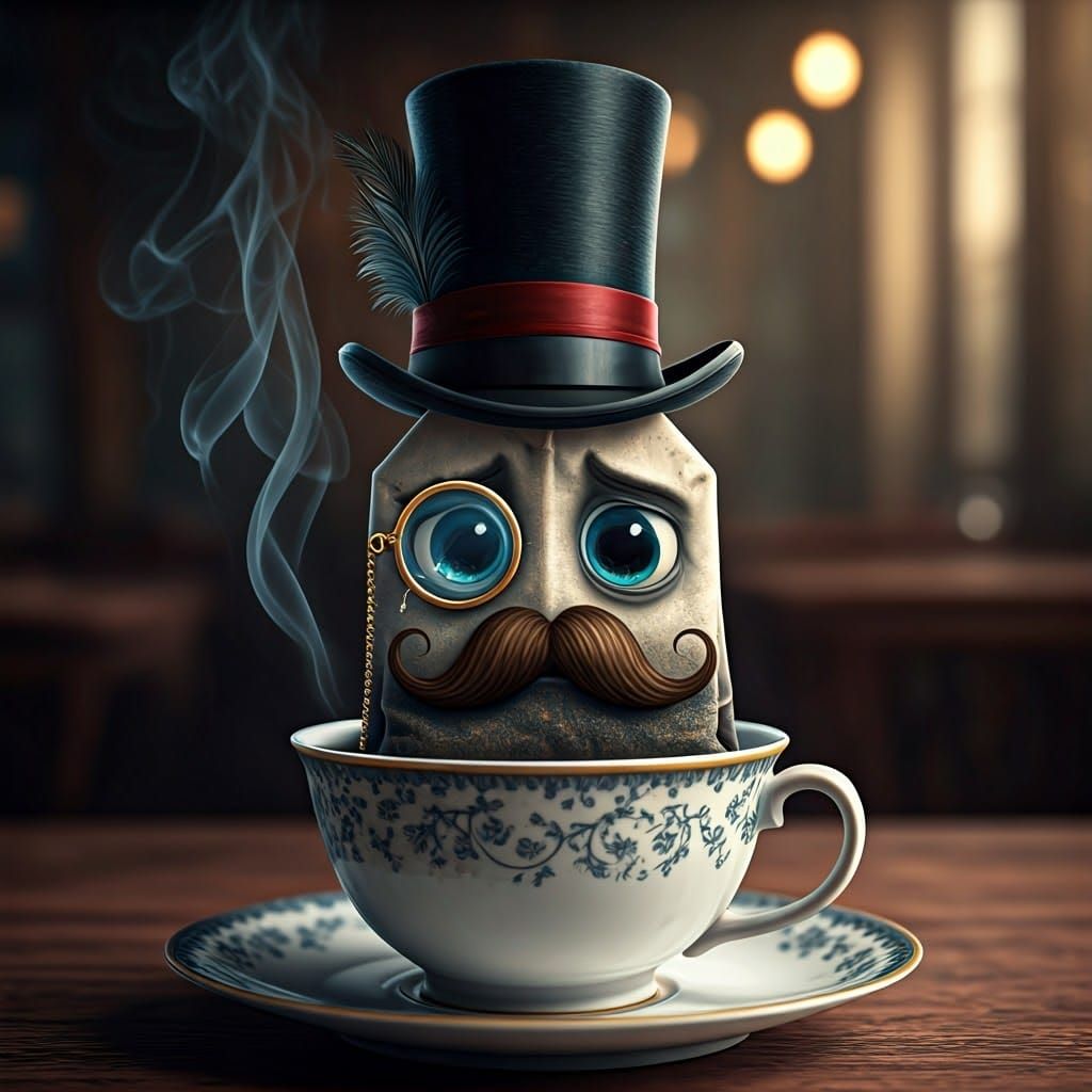 tea bag dressed in top hat, mustache, monocle,
