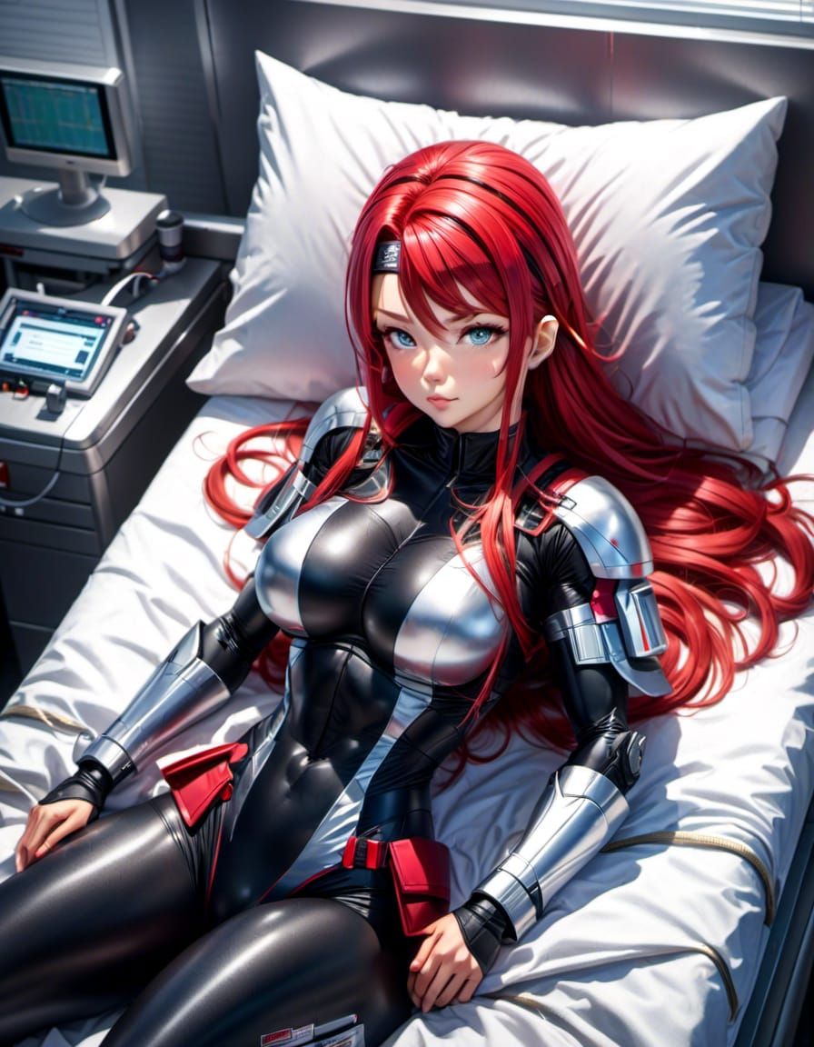 Vibrant Red-Haired Woman in Hospital Bed