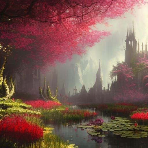 Victorian Gothic Water Garden in Spring Sunlight