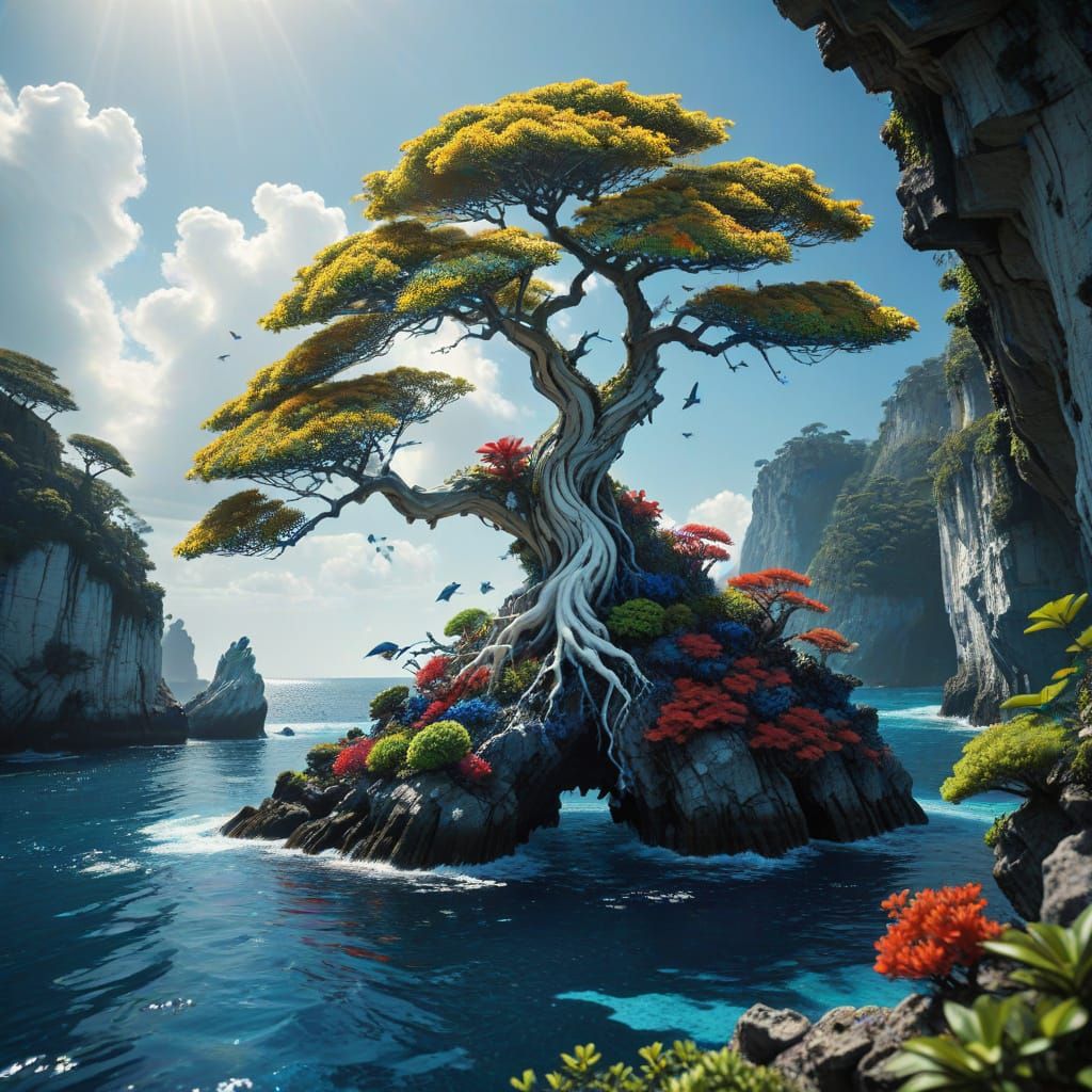 Bonsai Cliffs Meet Ocean Paradise in Hyperreal Detail