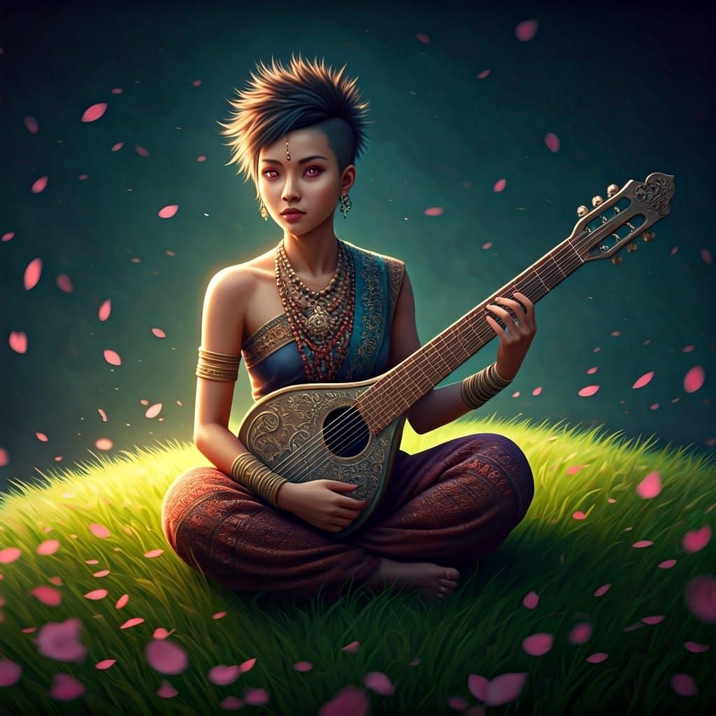 Thai Goddess Plays Luminous Guitar Amid Cherry Blossoms