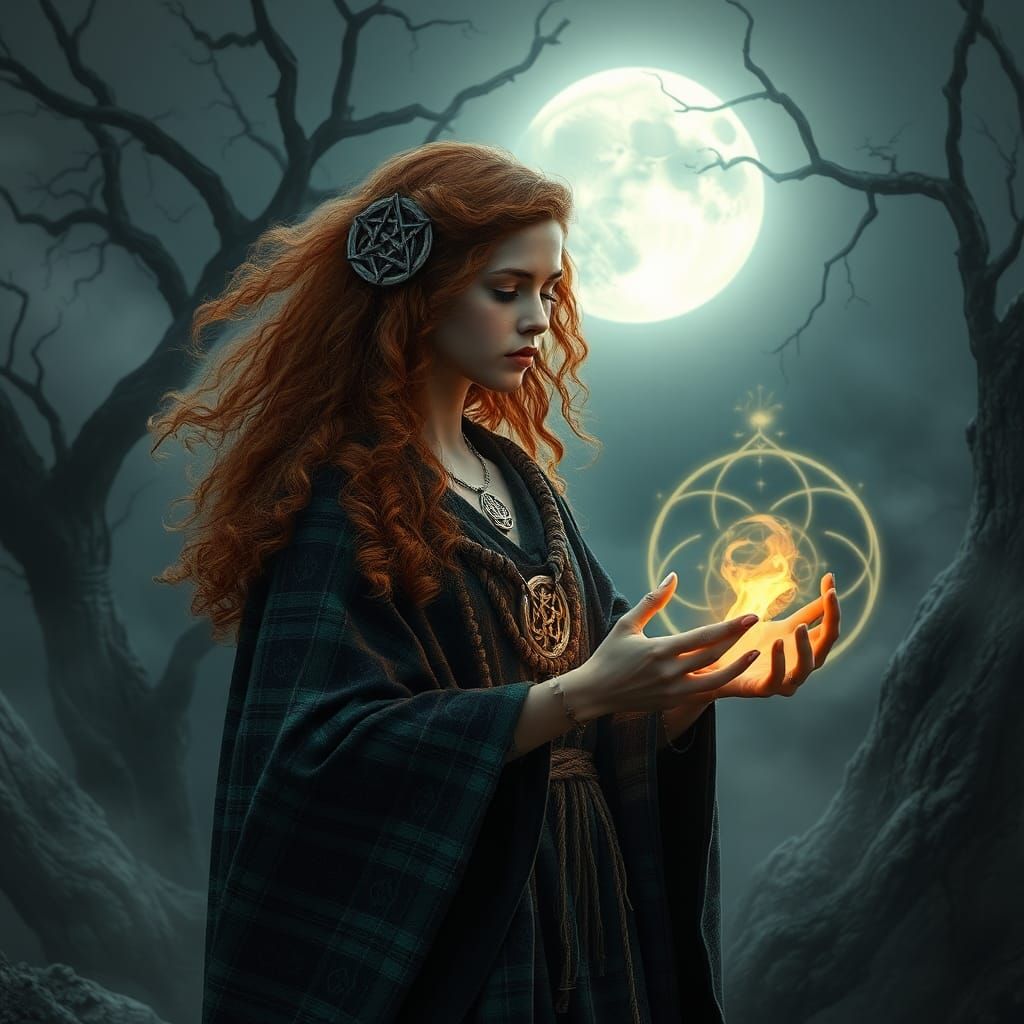 Celtic Woman Ritual Under Moonlight in Ethereal Landscape