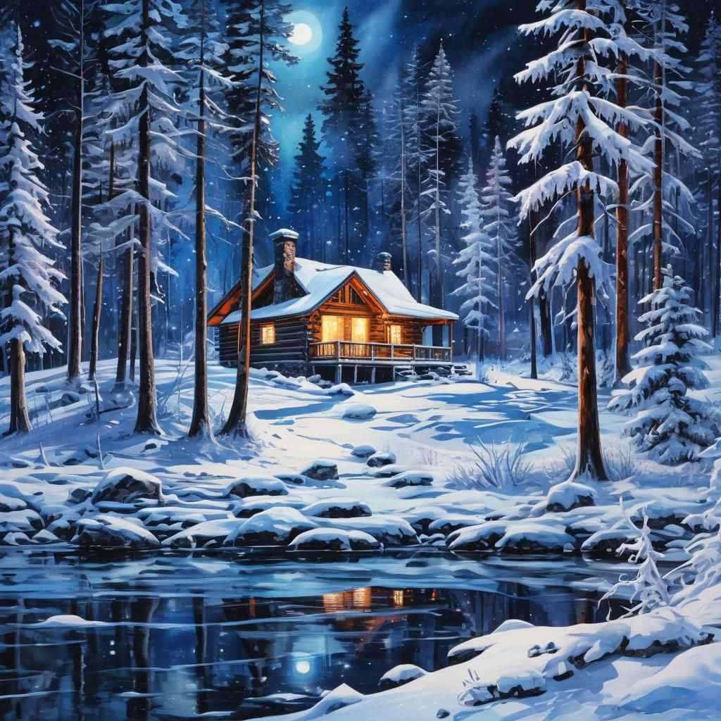 Abstract Winter Landscape with Log Cabin